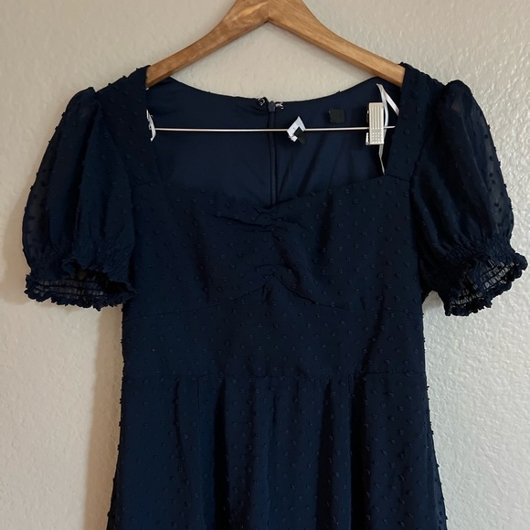 Romance Abounds Navy Swiss Dot Puff Sleeve A-Line Midi Dress - Picture 4 of 7